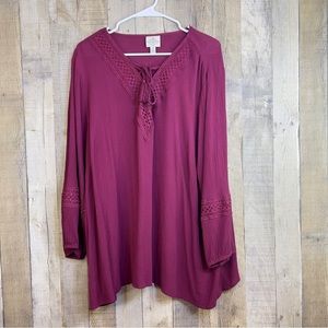 St. John’s Bay 2X Raspberry Lace Tunic Tassel Rope style Tie w/3/4 Sleeve Shirt
